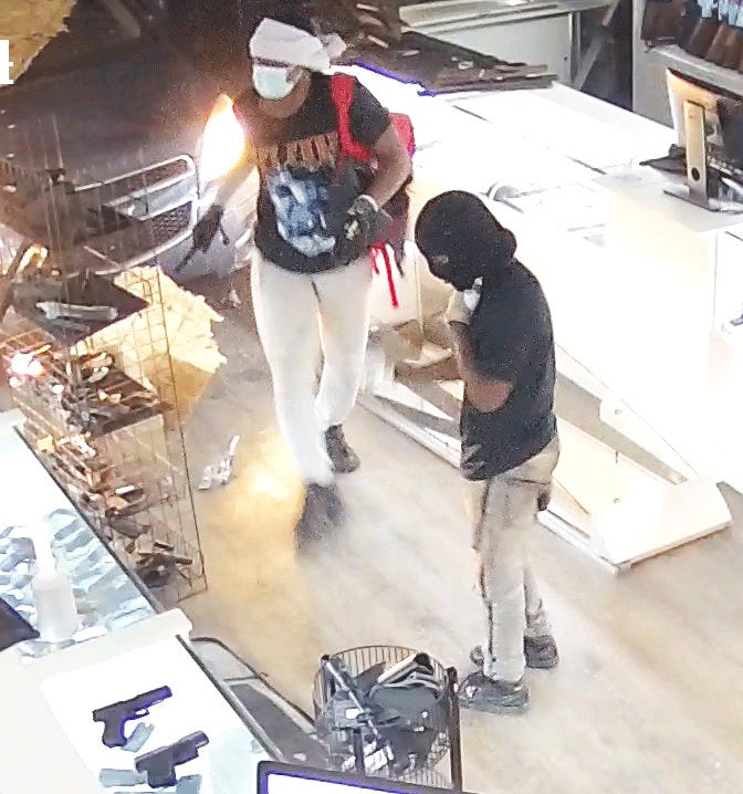 Authorities in Metro Detroit are on the lookout for thieves behind an alleged 'smash and grab' scheme that saw dozens of handguns and rifles stolen from two businesses in the last 48 hours.