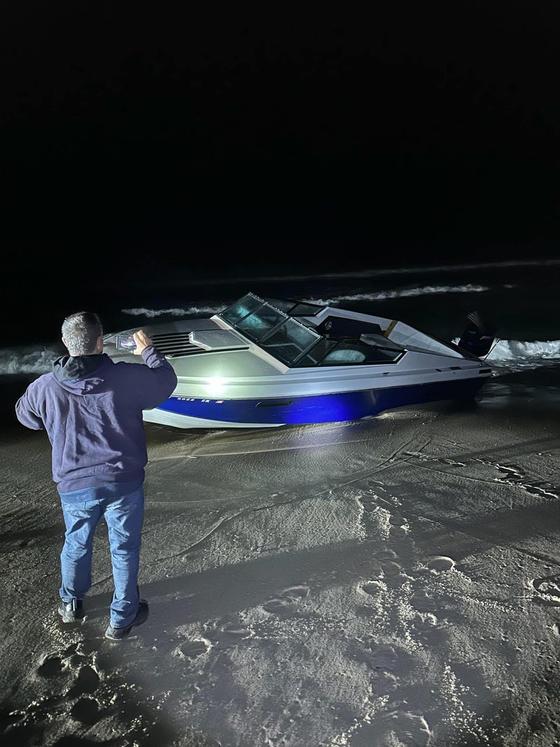 Boat that washed up on Fire Island shore Sunday.