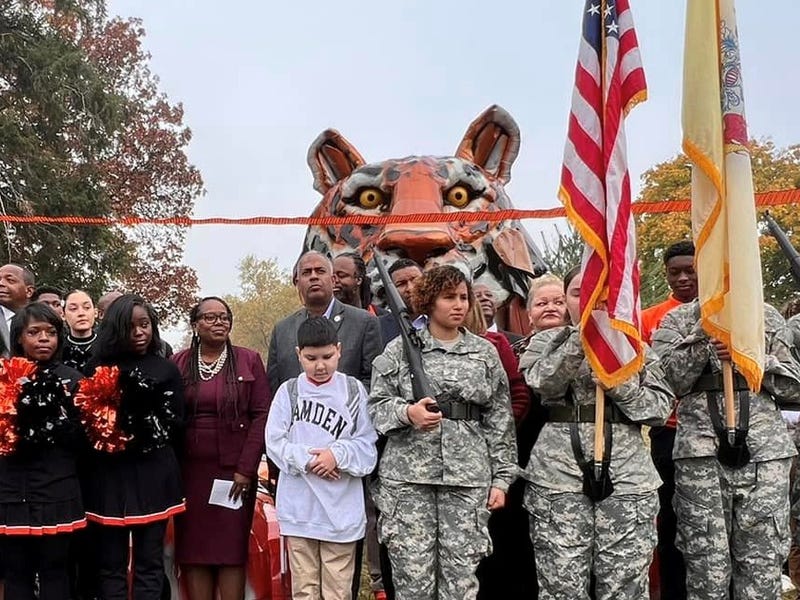 The new tiger statue outside Eastside High School in Camden.