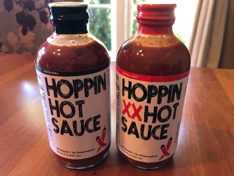 An undated photo of Hoppin Hot Sauce bottles.