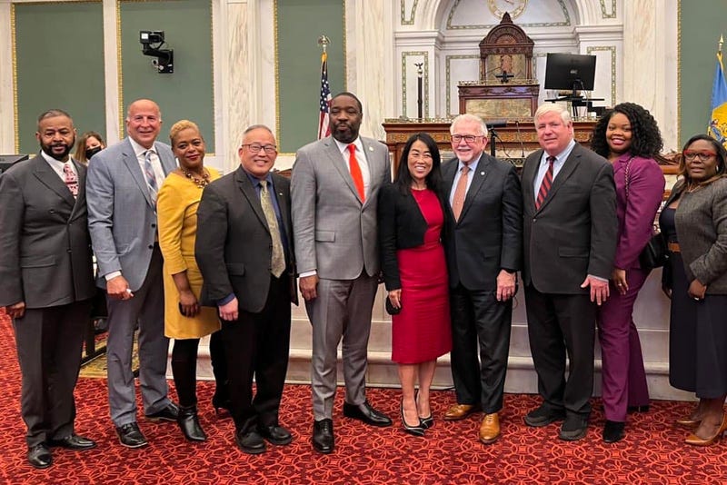 City Council members honor Pat Eiding, the longtime president of the Philadelphia AFL-CIO Council, ahead of his retirement, Nov. 17, 2022.