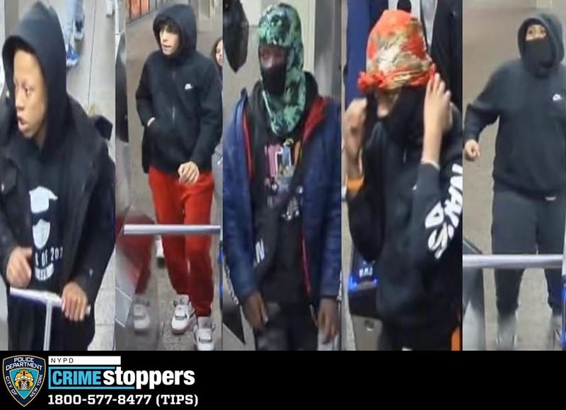 The group of teens poliece believe beat and robbed a man on a soutbound 2 train in Manhattan on Saturday.