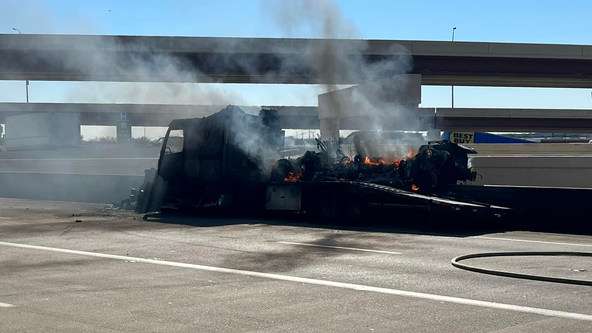 Tow truck crash, fire closes busy stretch of Hwy 114 in Grapevine