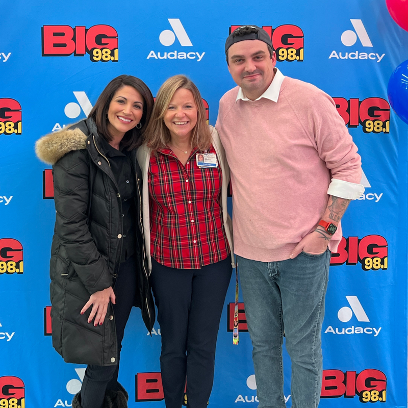 Lucy Bustamante of NBC10 with Rose, Child Life Specialist Department Manager at CHOP with Coop at 21st Annual BIG 98.1 Loves Our Kids Radiothon