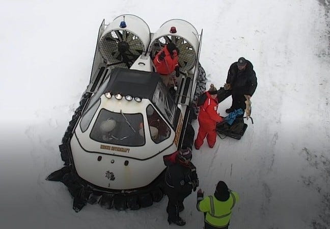 Deputies launch a rescue Hovercraft to rescue the man who was blown out on an ice flow on the St. Mary's River