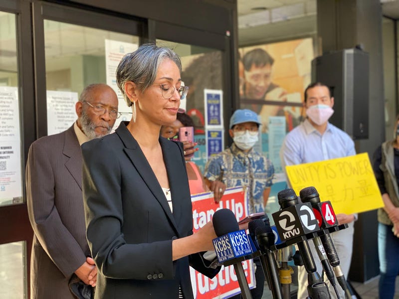 San Francisco Board of Education's Alison Collins speaks to the media about her $87 million lawsuit on Wednesday night.