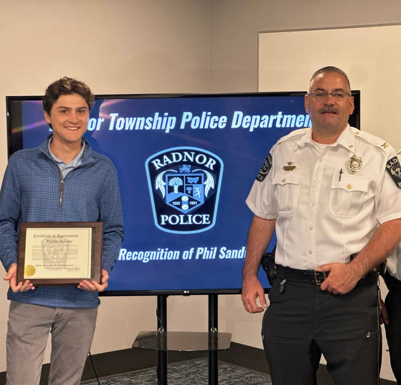 Phil Sandor was awarded a certificate of appreciation for helping Radnor Township police catch a wanted man.