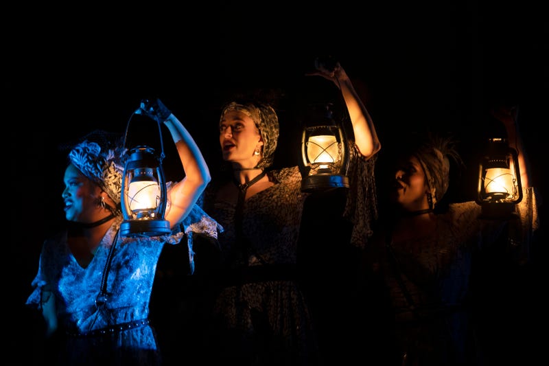 From left: Shea Renne, Bex Odorisio and Belén Moyano as The Fates in the "Hadestown" North American tour.