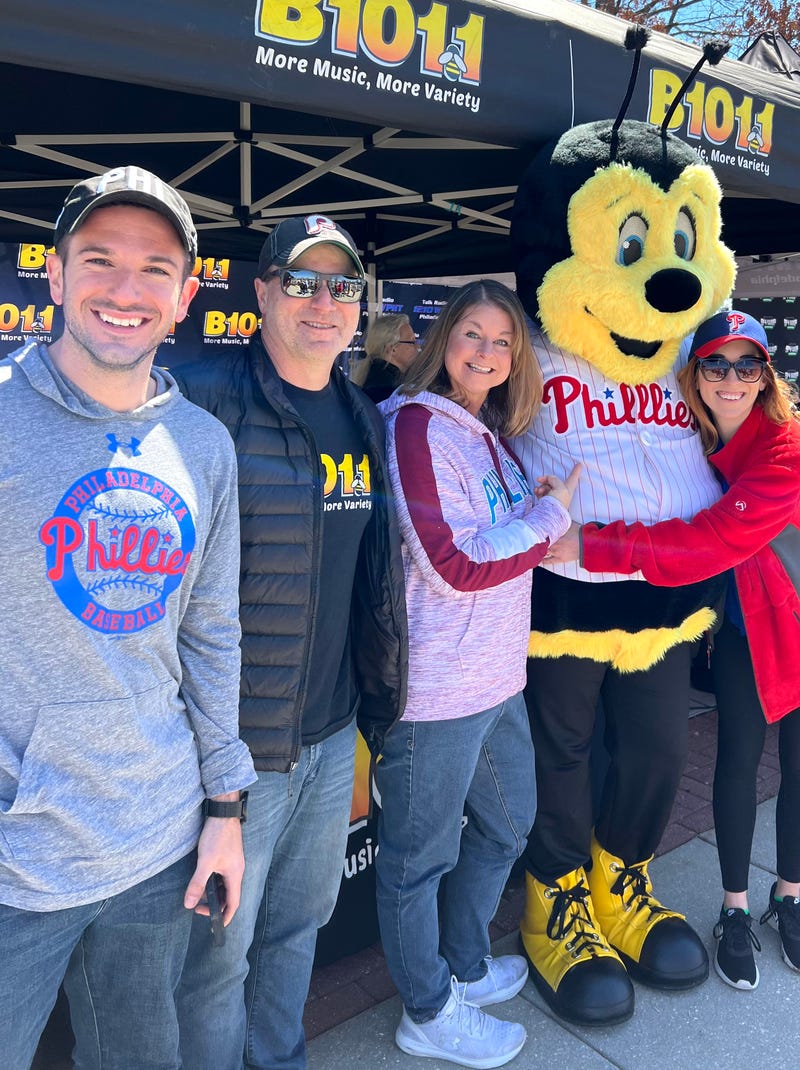 Bennett, Bill, Jenn, Buzzbee, and Laura at Phillies Opening Day