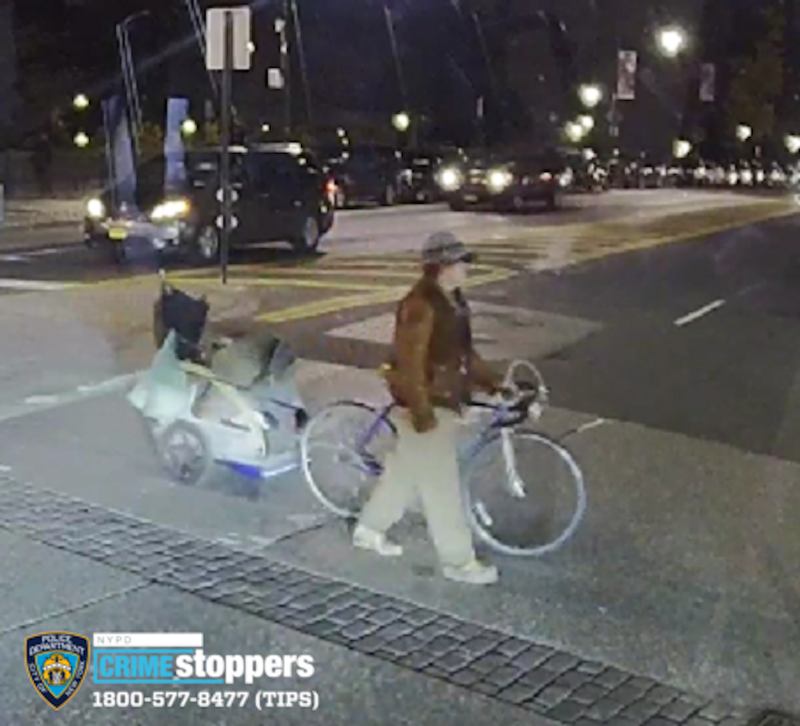 The suspect was seen with a bicycle with a trailer containing personal belongings