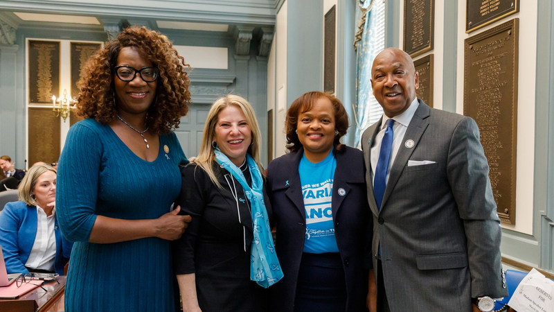 From left: Del. Rep. Kendra Johnson, Del. House Speaker Valerie Longhurst, Karen Johnson, Dwain Johnson