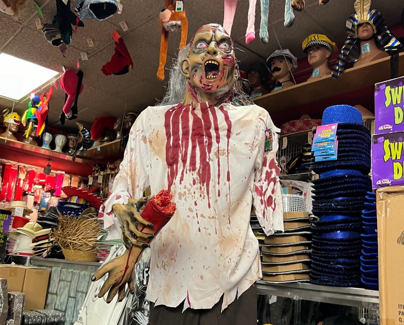 A gruesome Halloween display inside Fantasy Costumes
