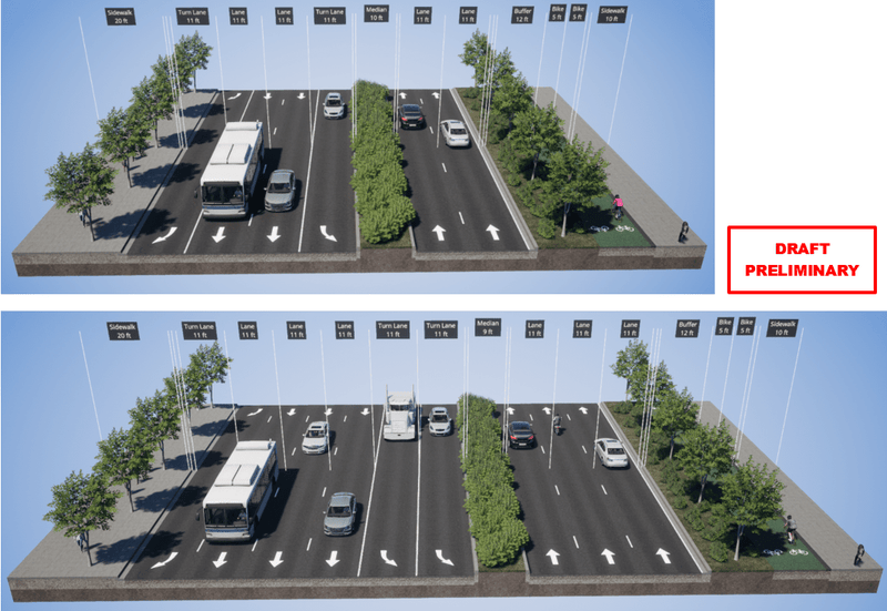 Renderings comparing previous (bottom) and revised (top) I-375 boulevard concepts