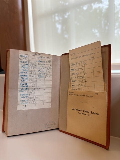 Joseph Conrad’s “Youth and Two Other Stories,” published in 1925, which had an overdue date stamped on Oct. 11, 1933.