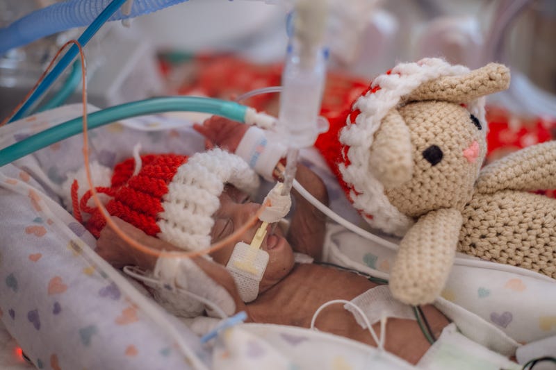 Tiny baby with knit rabbit