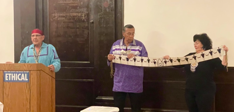 Jake Edwards, Onondaga Chief; Tadodaho Sid Hill and Betty Lyons holding the George Washington Belt, represents the ratification of the 1794 Canandaigua Treaty