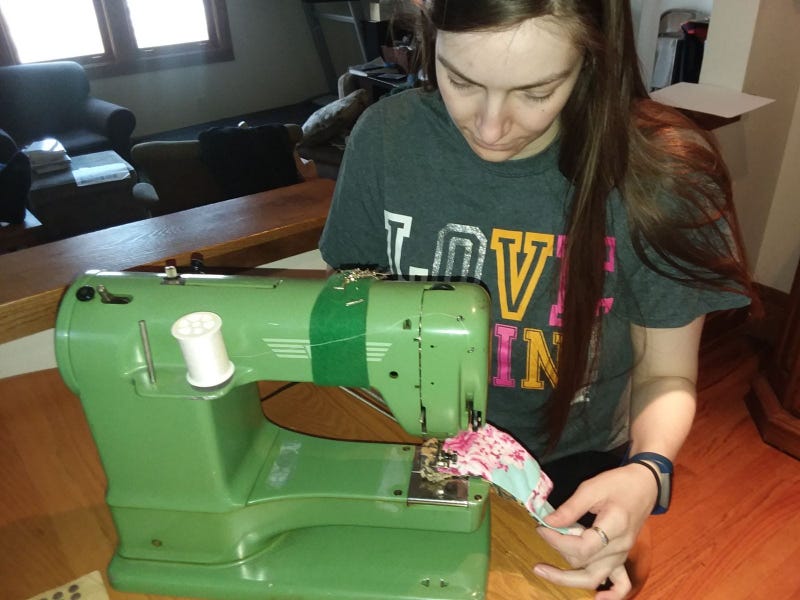 Jennie Stevens from Oak Park sews masks for the animal care staff to wear at Brookfield Zoo.