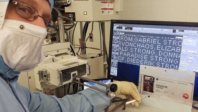 A portion of the etching on the Mars rover showing "Paradise Strong."
