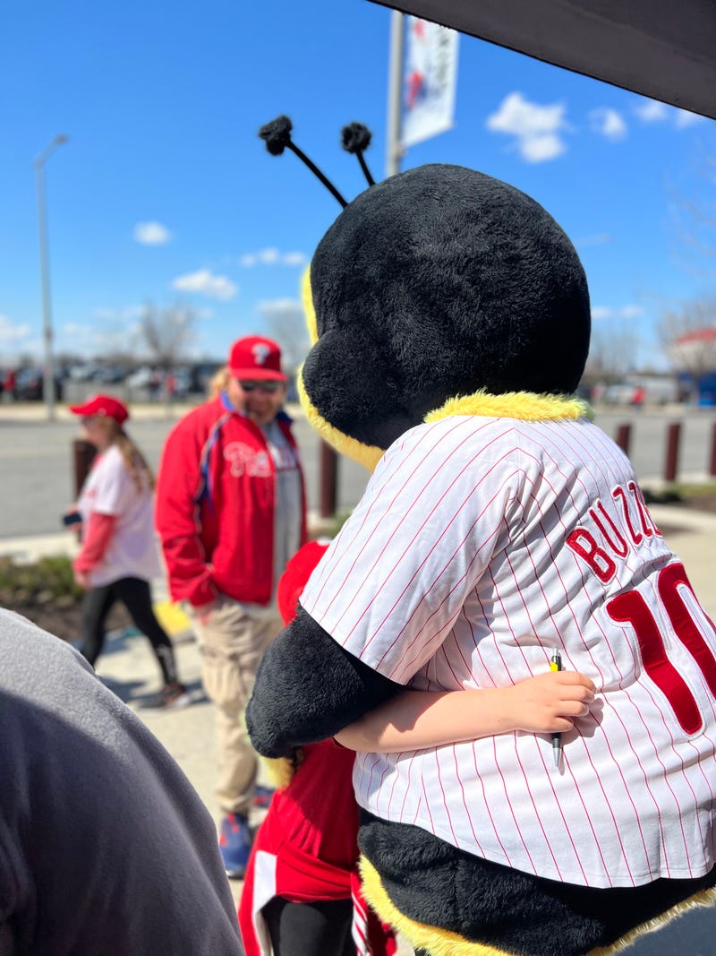 Buzzbee making friends at Phillies Opening Day