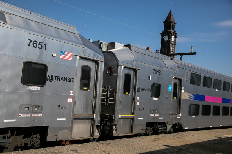 A New Jersey Transit train at Hoboken Terminal in Hoboken, New Jersey.