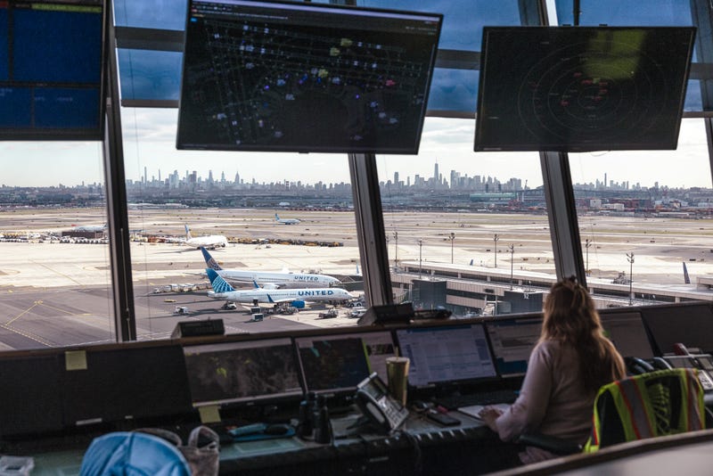 A worker in the United Airlines Station Operation Center at Newark Liberty International Airport