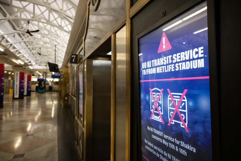 A “No NJ Transit Service To/From MetLife Stadium” sign at Penn Station