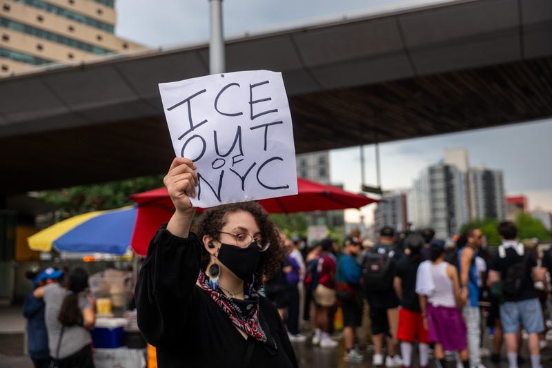 Protesters gather in the Bronx to denounce Immigration and Customs Enforcement (ICE) activities in the borough, on June 19, 2025