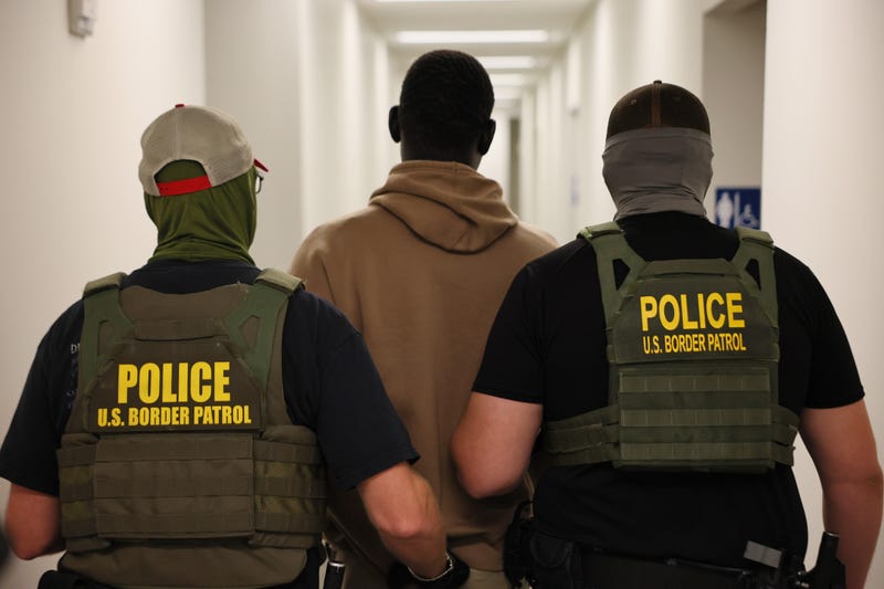 Federal agents detain a man after his court hearing in immigration court at the Ted Weiss Federal Building in New York City, on July 9.