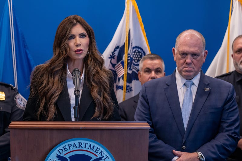 Homeland Security Secretary Kristi Noem and Border czar Tom Homan at a news conference following the weekend shooting of an off-duty Customs and Border Protection officer in new York on July 21.