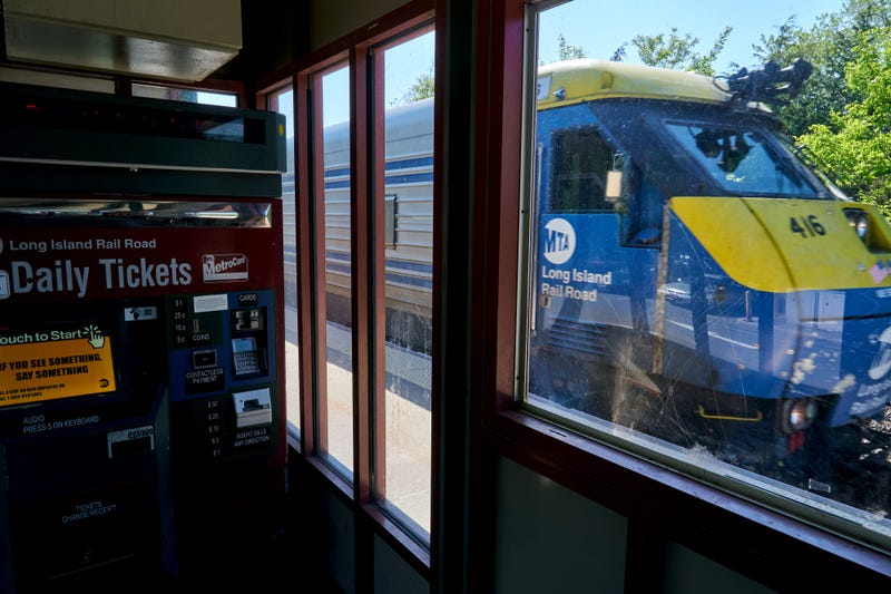 A Long Island Rail Road train arrives at the Bridgehampton LIRR commuter rail station in Bridgehampton, New York.