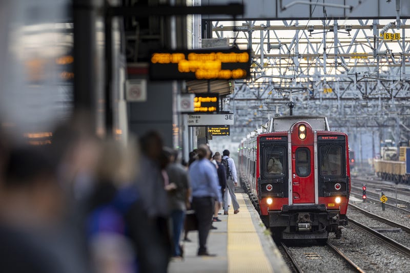 A Metro-North train approaches the Stamford Transportation Center in Stamford, Connecticut