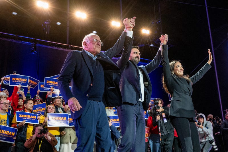Vermont Senator Bernie Sanders, from left, New York mayoral candidate Zohran Mamdani, and Representative Alexandria Ocasio-Cortez during a campaign event at Forest Hills Stadium in New York on Oct. 26