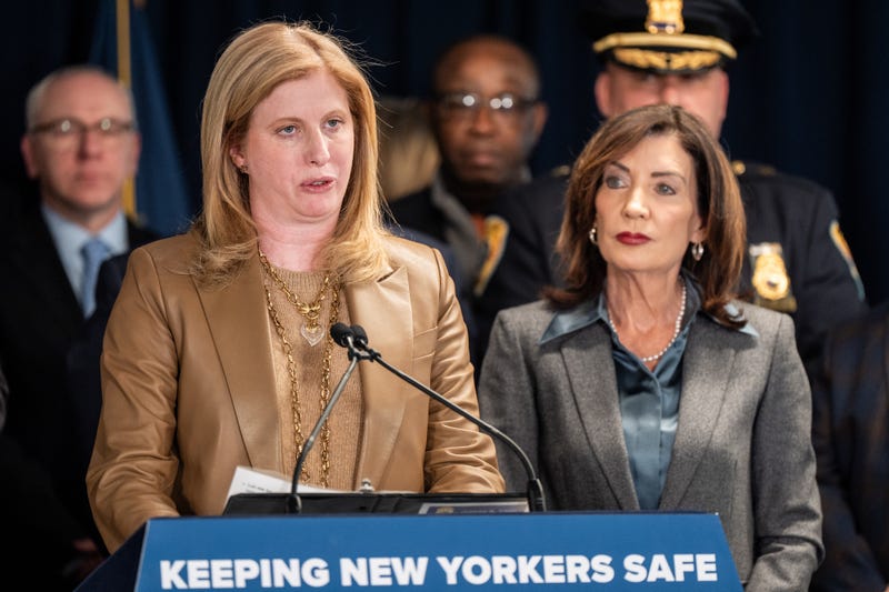 Jessica Tisch, left, and Kathy Hochul, during a news conference in New York on Jan. 30.