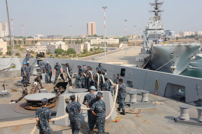 FILE PHOTO: Sailors stow line while aboard amphibious transport dock USS Mesa Verde, Aug. 27, after porting into Naval Air Station Sigonella, Italy.
