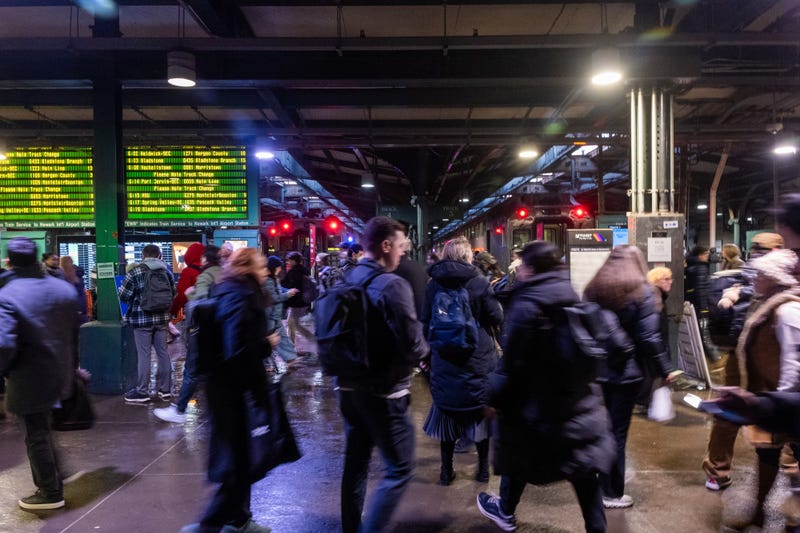 Commuters at a crowded Hoboken transit hub on the first commuting day of New Jersey Transit’s Portal Bridge cutover schedule reductions in Hoboken, New Jersey