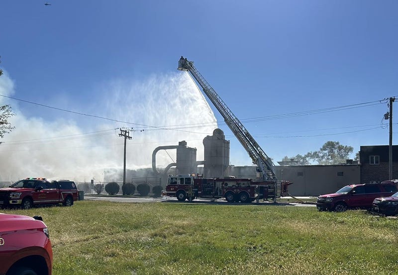 Fire crews in New Lenox work to extinguish an extra-alarm fire at the Tri-Star Cabinet and Top Company on Oct. 17, 2024.