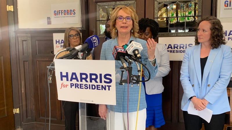 Former U.S. Rep. Gabby Giffords spoke during a campaign event for Vice President Kamala Harris on Thursday in Philadelphia.