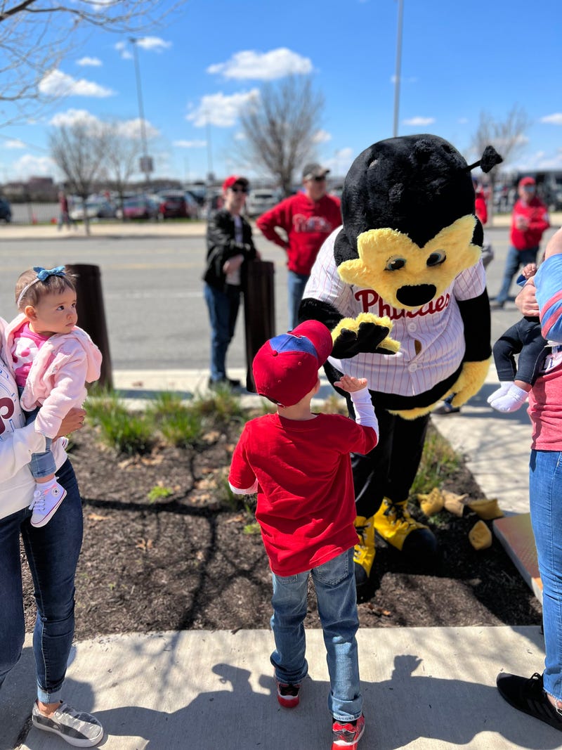 Buzzbee making friends at Phillies Opening Day