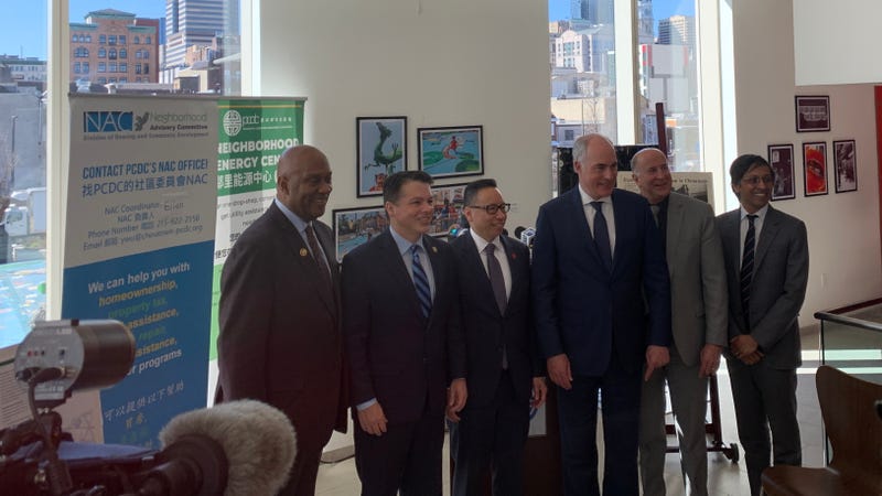 From left: Congressman Dwight Evans, Congressman Brendan Boyle, Philadelphia Chinatown Development Corporation Executive Director John Chin, Sen. Bob Casey, Councilmember Mark Squilla, state Sen. Nikil Saval