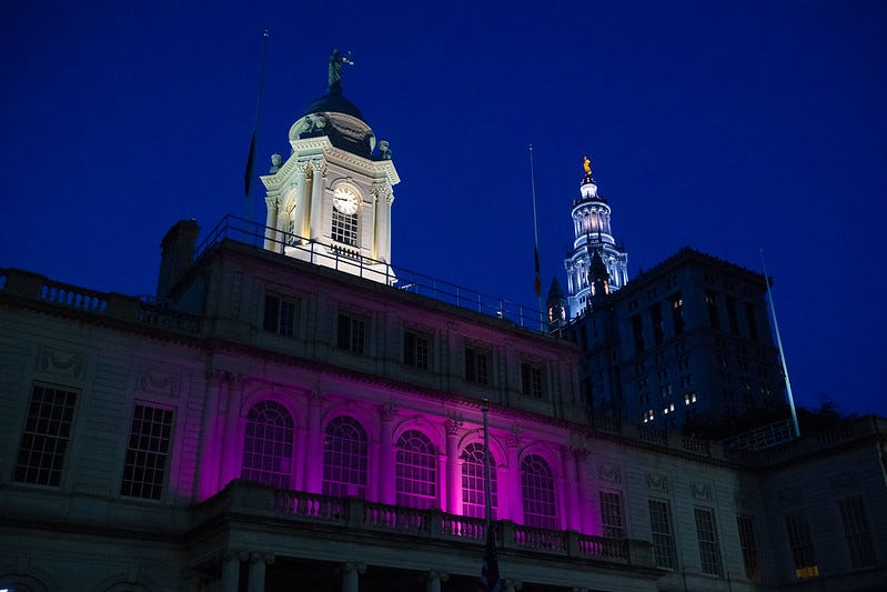City Hall is lit in purple in honor of Héctor Figueroa on Wednesday, July 24, 2019. Michael Appleton/Mayoral Photography Office