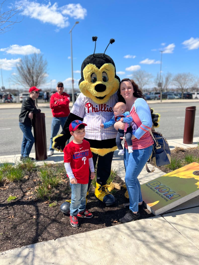 Buzzbee making friends at Phillies Opening Day