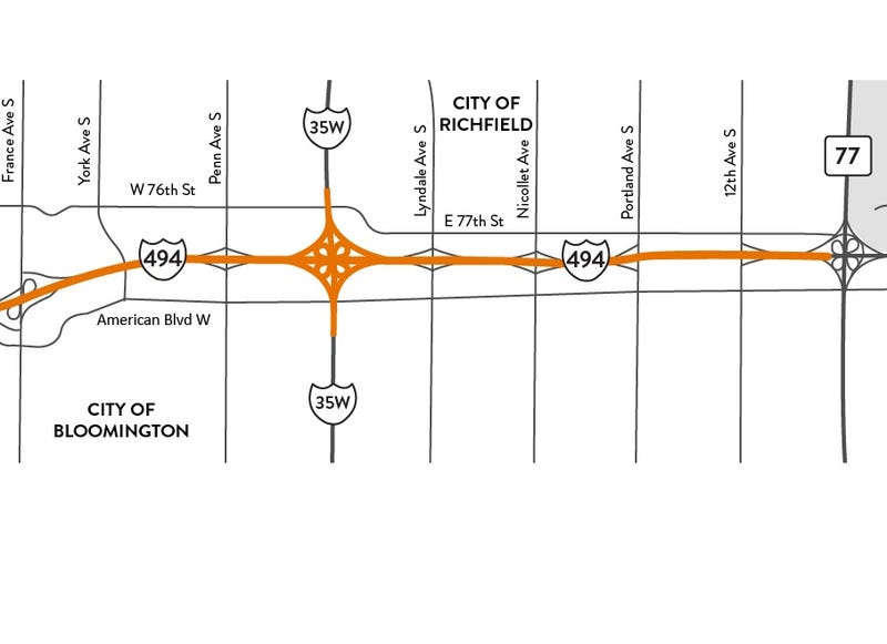 The project area where MnDOT is closing the freeways for pouring concrete over the next few days.