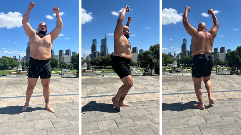 Training for a sumo wrestling tournament, Abdelrahman Shalan ran up the “Rocky” steps at the Art Museum on Thursday.