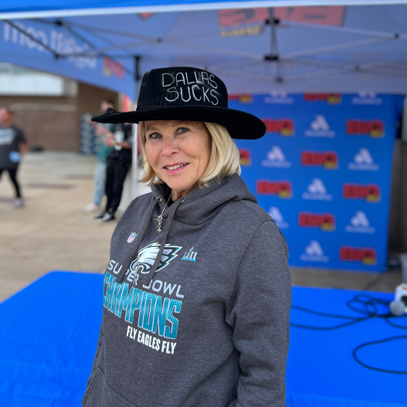 Eagles fans with BIG 98.1's Dallas Sucks hat before the Eagles vs. Cowboys game