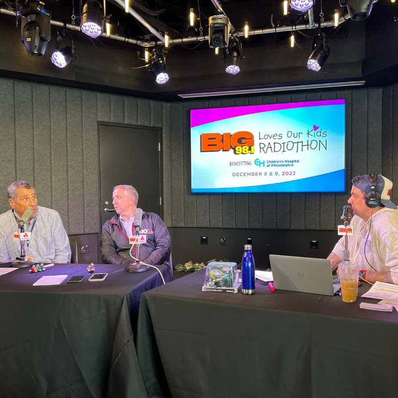 Angelo Cataldi of 94WIP and Tim Furlong of NBC10 with Coop at 21st Annual BIG 98.1 Loves Our Kids Radiothon