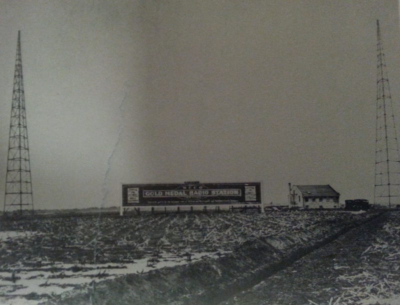 The original WCCO transmitter site in 1925 included a house with the equipment and twin 200-foot towers. The station was broadcasting at 5,000 watts and at 810 AM instead of the current dial position of 830 (and 50,000 watts). 