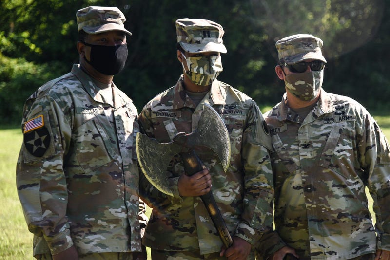 Capt. Candice Bowen becomes the first female officer to take command of a Virginia National Guard infantry company July 18, 2020, in Woodstock, Virginia.