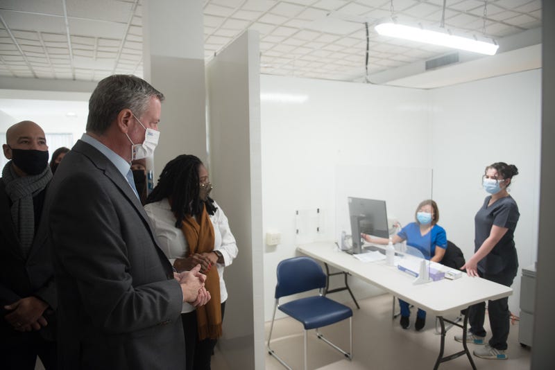 Mayor Bill de Blasio tours a mass vaccination site at NYC Health + Hospitals/ Bathgate in the Bronx on Sunday