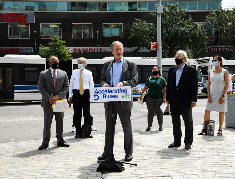 Acting MTA Chair and CEO Janno Lieber and DOT Commisioner Hank Gutman (second from right) hold a press conference at Fordham Plaza on Mon., August 16, 2021 to announce new efforts to enhance the bus network.