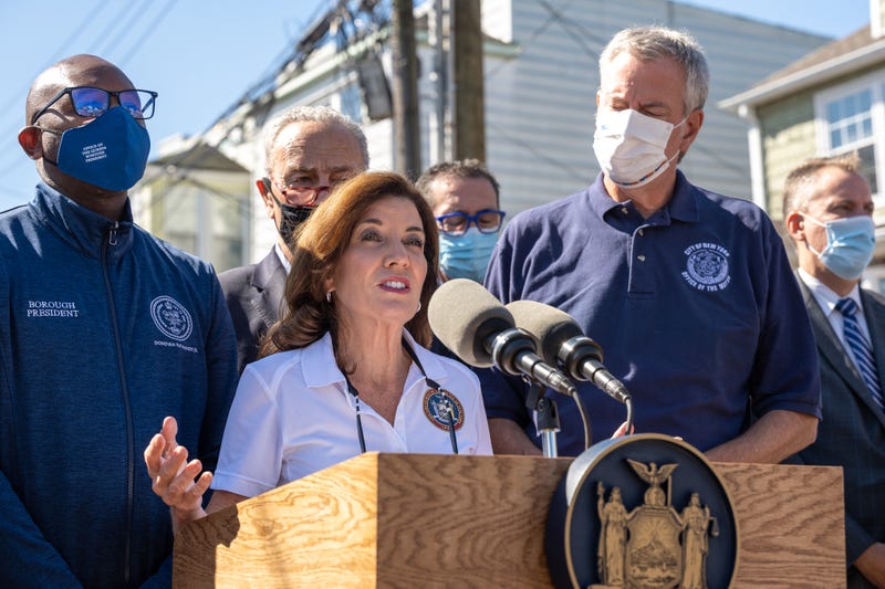 Gov. Kathy Hochul speaks at a press conference with Mayor Bill de Blasio, Sen. Chuck Schumer, Queens borough president Donovan Richards and other officials